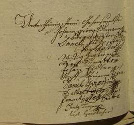 Obr. č. 8. Podpisy konšelů na žádosti knížeti o ječmen pro měšťanský pivovar z r. 1771: Unterthänig- Treü- Gehorsambste Johan Georg Edelmann, Bürgermeister m[anu] p[ropria].; Dan[i]el Filip Stuchlý, primator mp.; Matieg Hautmann mp., Pavel Kunatko mp., Johan Fydler mp., Jozeff Zúna mp., Daniel Zvěŕzina mp., Adalbert Czerny mp., Frantissek Bussek mp., Franz Lanzerssko [?], Carl Hambacher." (SOA Ltm, Vs. Libochovice, kt. 159, č. 56.)