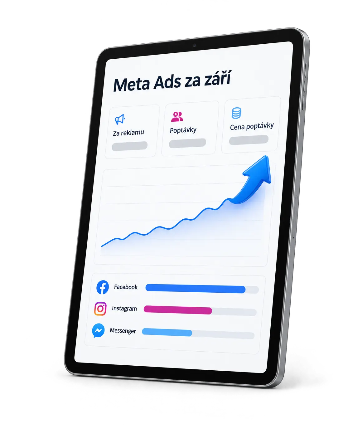 Tablet s ukázkou reportu: Meta Ads za září