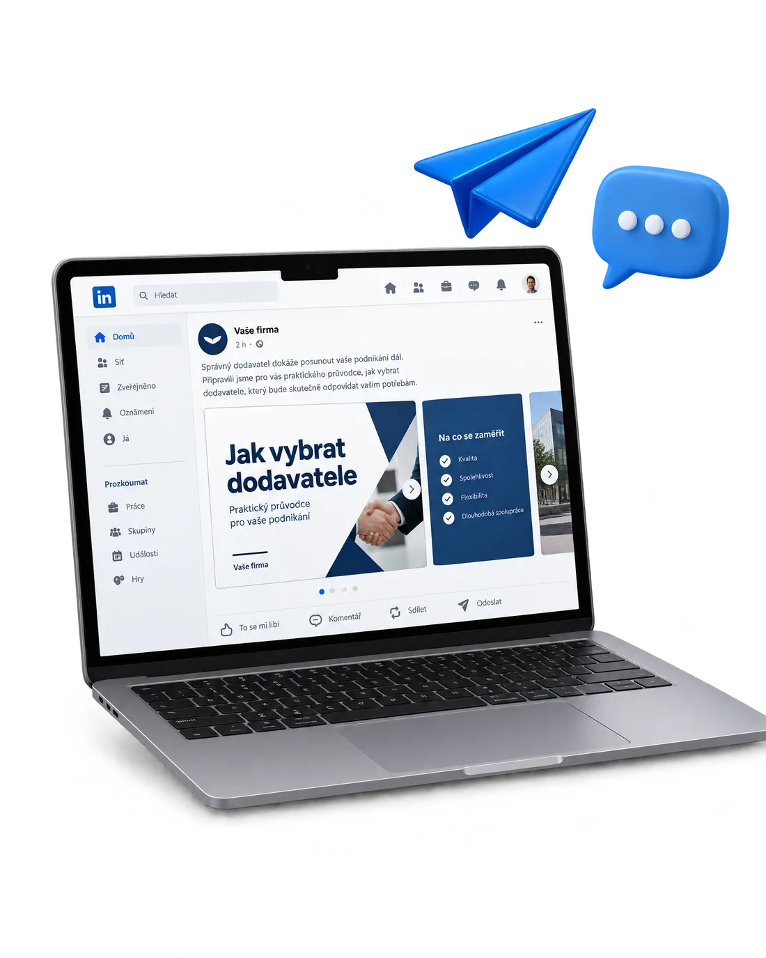 Notebook s příspěvkem firmy na LinkedInu